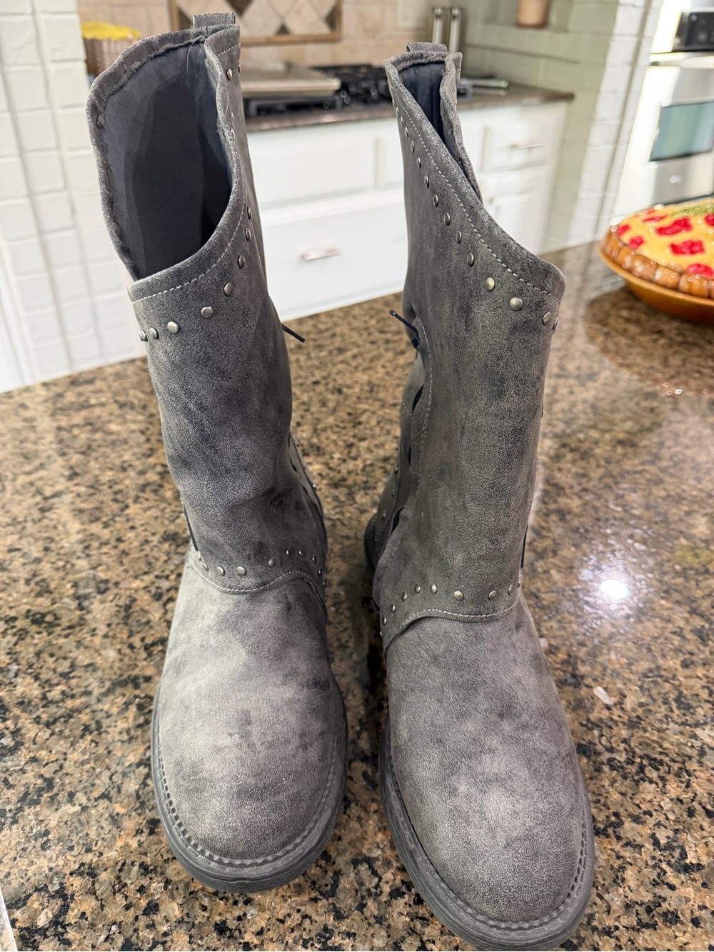 Kohl's Grey Suede Lace-Up Mid-Calf Boots with Stud Accents
